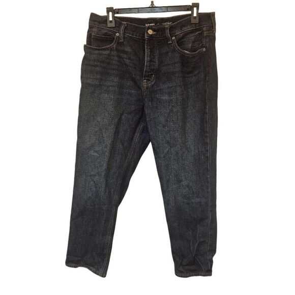 Old Navy Women's Dark Wash High Rise Button Fly Slouchy Straight Cotton Jeans - Picture 2 of 11